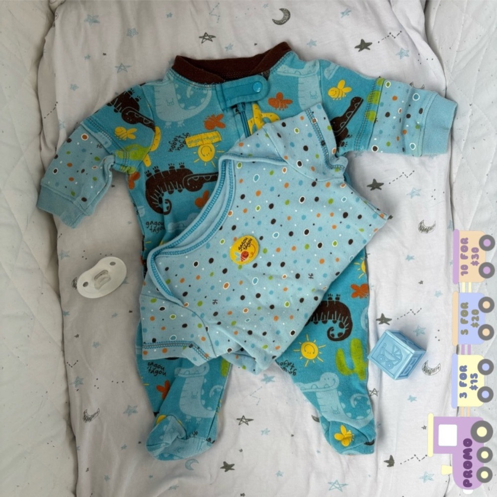 ⭒ 3-6M Gagou Tagou Baby Two Piece Zip-Up Set Colorful Polka Dots Crocodiles ⭒